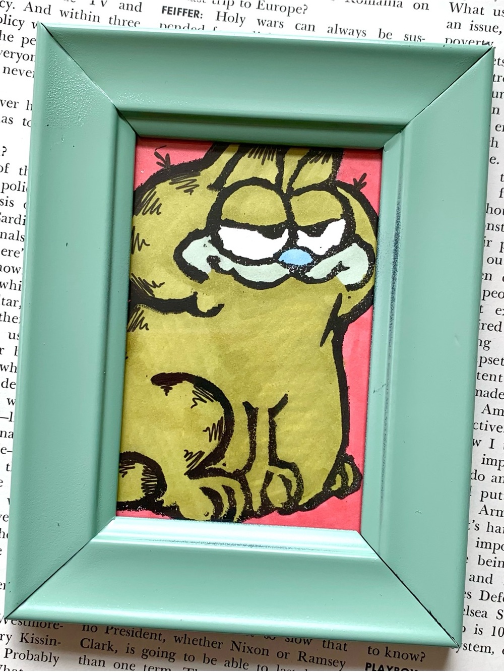 Garfield Comic Linocut Block Print Pop Art Card ATC ACEO | Vintage Green Frame